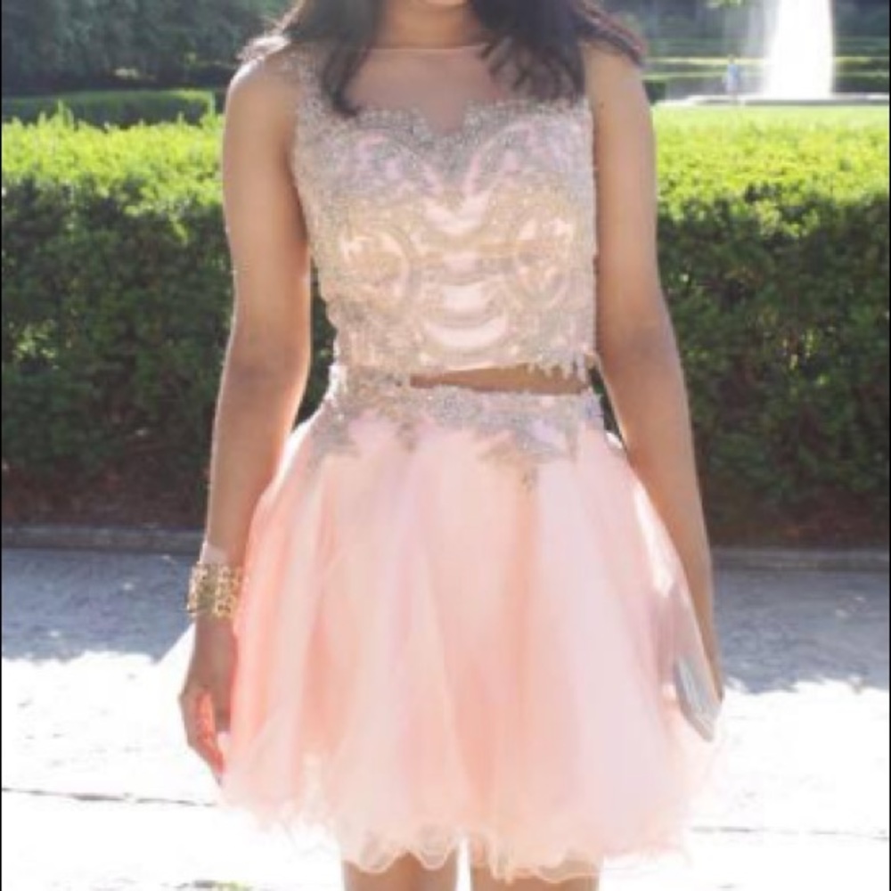 Pink two-price dress w/ gold detailing